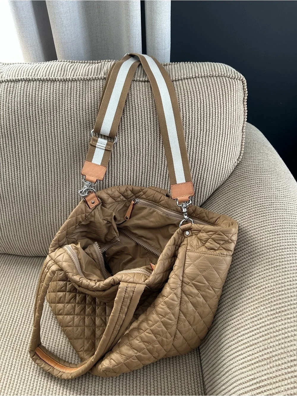 MZ Wallace Quilted Camel Tote with Removable Stripe Strap